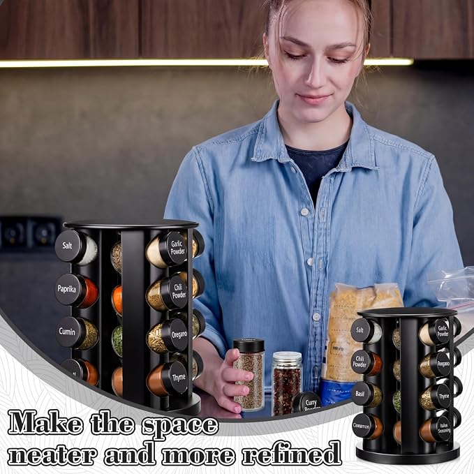 Yungyan Black Rotating Spice Rack Seasoning Organizer with 16 Empty Jars, Spice Containers Set with Labels and Funnel, Revolving Seasoning Rack for Kitchen Accessories