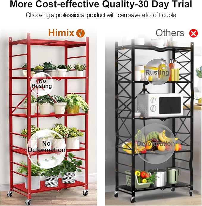 Himix Storage Shelves with 20 Hooks, 5-Tier Foldable Shelves for Storage, Folding Utility Shelf Unit Pantry Shelf with Wheels, Metal Shelving Unit Rack for Garage Christmas Room, Red - No Assembly