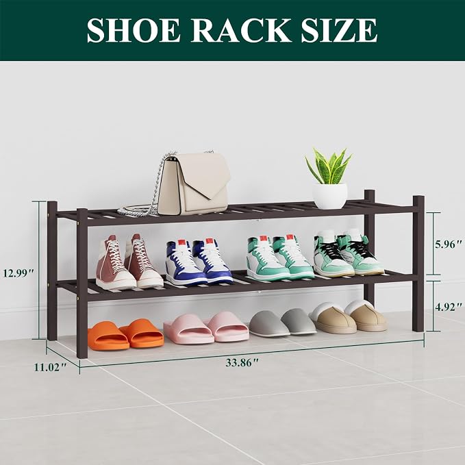 Smiry Bamboo Shoe Rack, 14 Vertical Slats, 2 Tier - 33.7" Wide, Brown | Stackable Free Standing Wooden Shoe Organizer, Wood Shoe Storage Shelf for Closet, Entryway, Thicher Leg