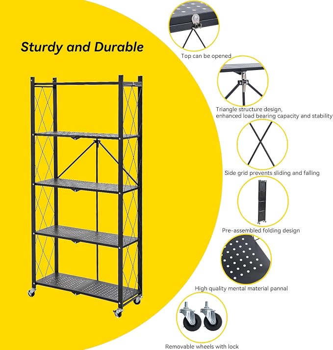 BRIAN & DANY 5-Tier Foldable Storage Shelves with Wheels, Folding Metal Rack Shelving Unit, Heavy Duty No Assembly Organizer Shelf for Garage, Kitchen, Basement, Pantry, Black