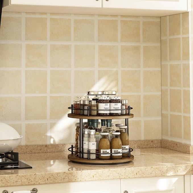 2 Tier Lazy Susan Organizer,2-Tier Spinning Spice Rack with Stable Carousel Base & 4 Height Settings for Cupboard Kitchen Countertop Dining Table Cupboard (Two-Ply(Round))