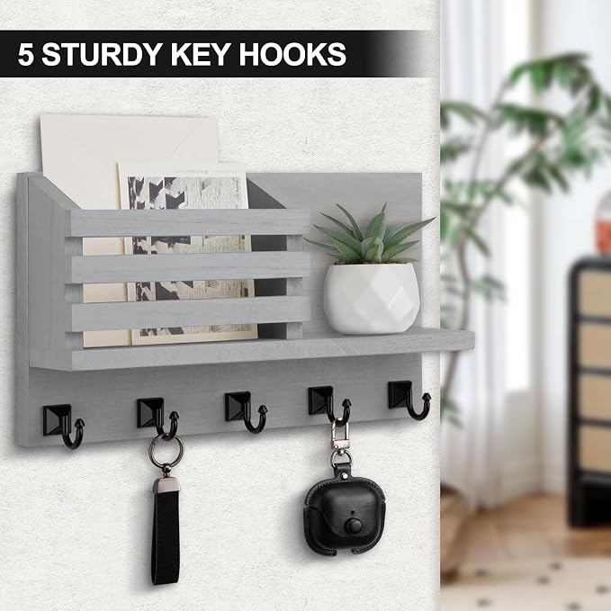 Key Holder Wall Mount, Mail Organizer for Wall with 5 Square Rustic Key Hooks Key Shelf Farmhouse Home Decor for Entryway