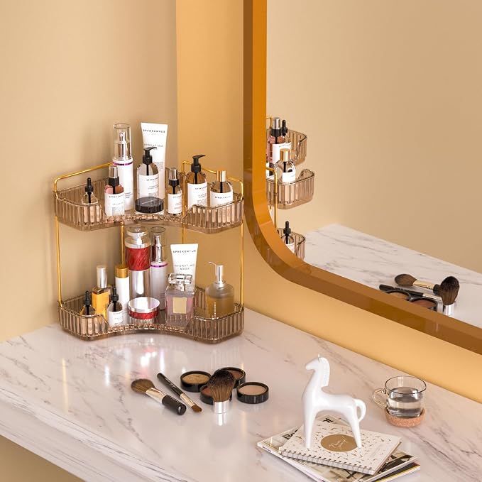 GTI 2 Tier Makeup Organizer, Large Capacity Bathroom Counter Organizer, Perfume Cosmetics Skincare Vanity Organizers, Dresser Countertop Organizer and Storage for Women (Amber)