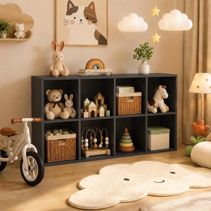 POWERSTONE 8 Cube Storage Organizer, Open Cube Bookshelf with Back Panels, Modern Display Cubby Bookcase for Bedroom Living Room Home Office, Black