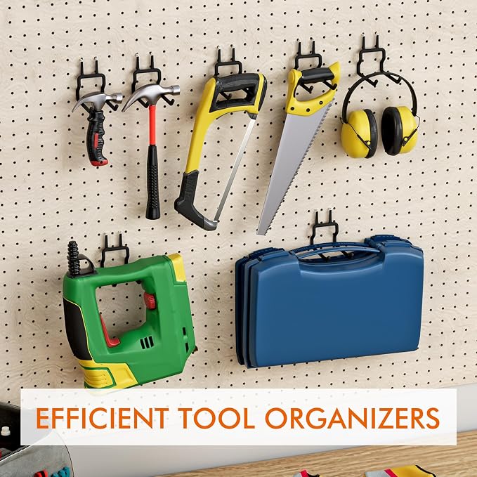 Utility Heavy Duty Pegboard Hooks, 5Pack Peg Board Accessories Tool Hangers | Fit 1/8" 1/4" Peg Holes, Double Arm Peg Board Bracket, Rubber Coated, Large Tool Organizer for Garage Workshop Shed Craftroom