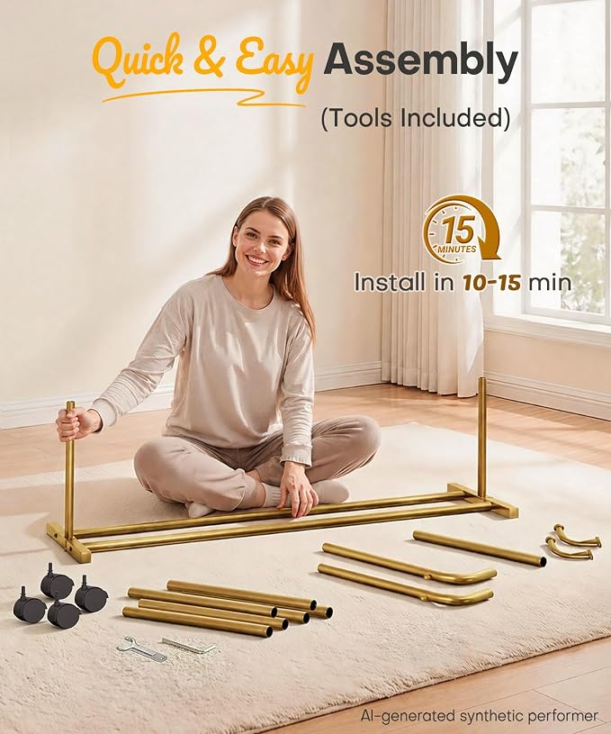 Homde Portable Clothes Rack for Bedroom: 4 Lockable Wheel Move Room-to-Room | Laundry to Closet in 1 Smooth Roll - No Heavy Lifting for Renters & Movers - 88 lbs Hanging Rod for Garment Coat to T-Shirt