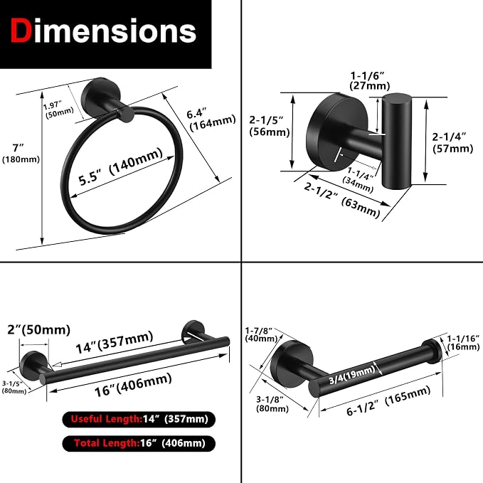 5 Pieces Matte Black Bathroom Hardware Accessories Set Hand Towel Ring 16 inch Towel Bar Toilet Paper Holder Towel Hooks 2 Pieces Round SUS 304 Stainless Steel Heavy Duty Wall Mounted Bathroom Holder