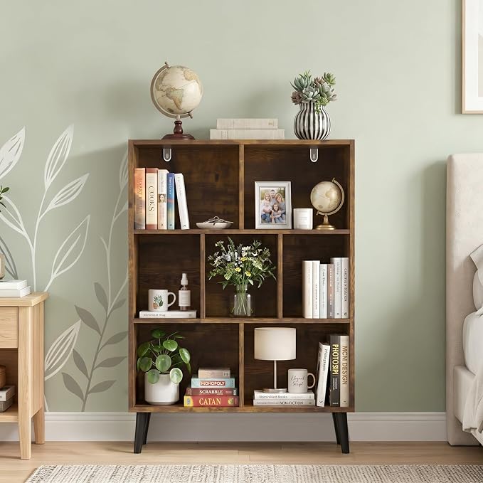 7 Cube Storage Organizer Shelf,Open Cube Bookshelf with Legs | 3 Tier, Mid-Century, Heavy Duty, Modern Bookcase, Display Shelf, Living Room, Bedroom, Office, Deep Brown