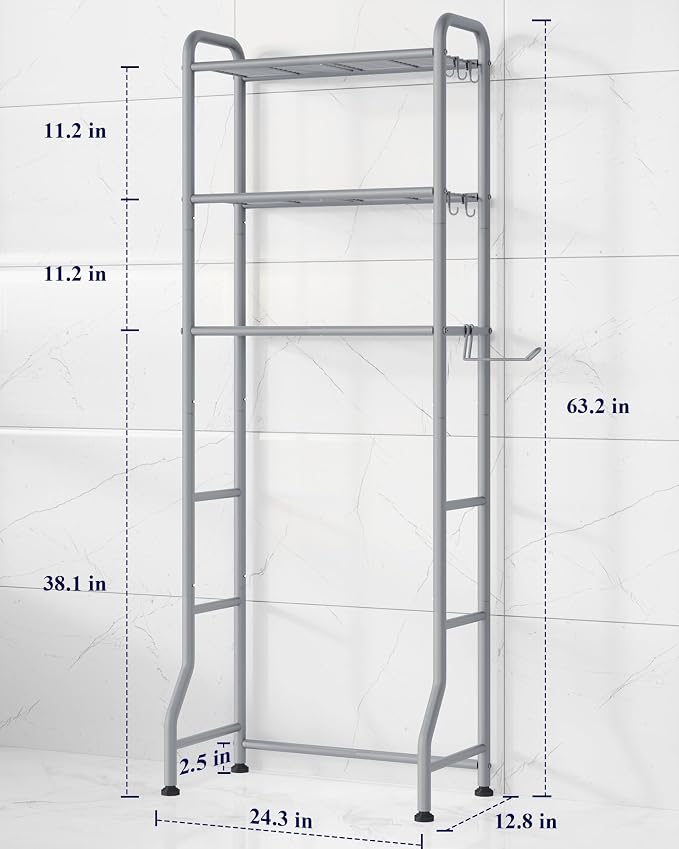 Kitsure Over Toilet Storage Rack, 63.2" H Space-Saving, Holder & Hooks | Bathroom, Laundry Room, Small Spaces, Families, Durable Metal, Grey, 3 Tier