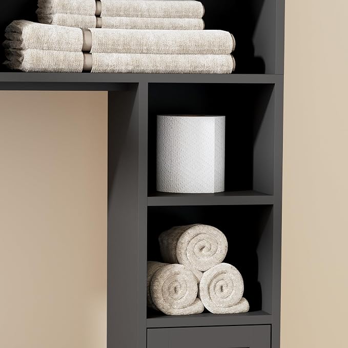 Homhedy Wooden Over The Toilet Storage Cabinet, Natural and Black | Bathroom Organizer with Rattan Decorated Doors, Adjustable Shelves, Toilet Paper Holder, for Small Spaces