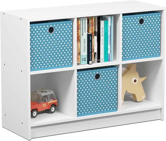 6-Cube Bookshelf with Storage Bins, Cube Bookcase, Book Shelf with Storage Bins, 11.9 x 31.6 x 23.6, for Living Room, Home Office, Light Blue