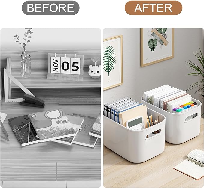 6 Pack White Storage Bins with Lids Stackable Storage Container for Organizing, Small Storage Boxes with Handle for Shelves, Cute Organizer Bins for Craft, Snacks, 9.85x6.9x5.7 inch