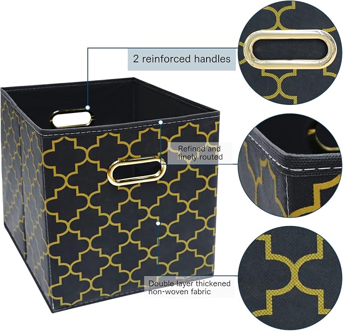 Fabric storage bins Cubes, Fabric Cube Organizer with Handle, Foldable Cube Bins for Cloth or Accessary Storage, 11x11x11, Set of 3, (Grey Gold)