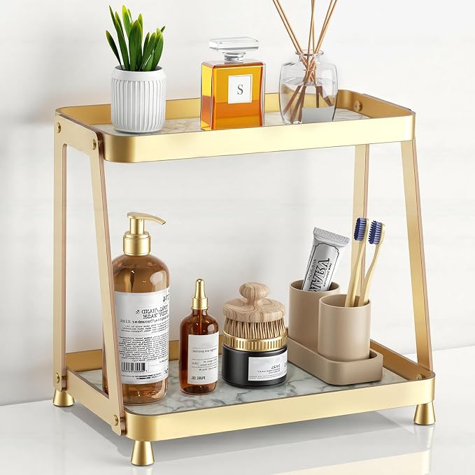 2-Tier Acrylic Bathroom Vanity Organizer, Gold | Bathroom Counter Storage Shelf with Marble-Look Tray, Holds Cosmetics, Perfume, Makeup & Skincare Products
