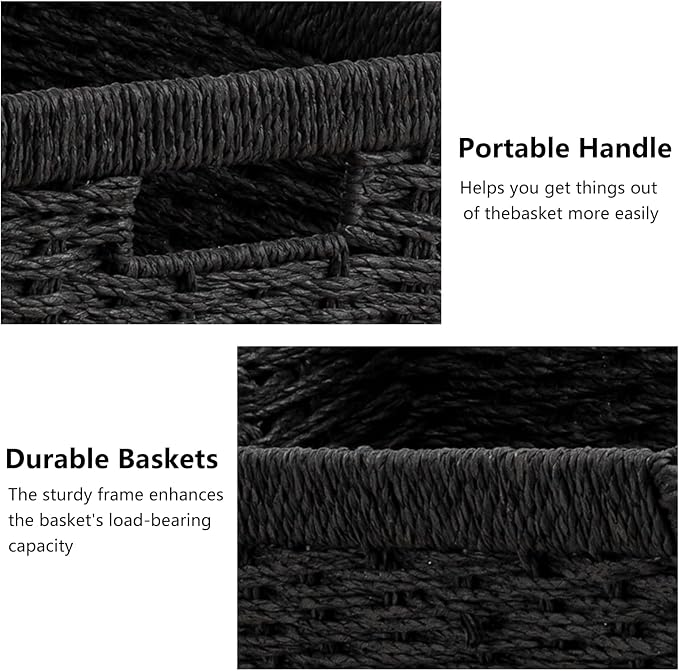joybest Black Wicker Baskets for Shelves, Hand-woven Storage Baskets | 13.4L x 8.3W x 7.1H inch for Pantry, Kichen Organizing, Foldable Rectangular Bin with Handles, 4-pack