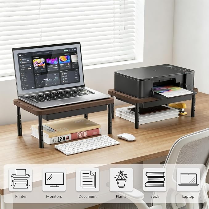 WALI Plastic Computer Monitor Stand with Storage, Desk Monitor Riser 3 Height Adjustable, Laptop Riser with Airflow Vents, Desk Organizer for Computer, Laptop, Printer (PTT002-C), 1 Pack, Brown
