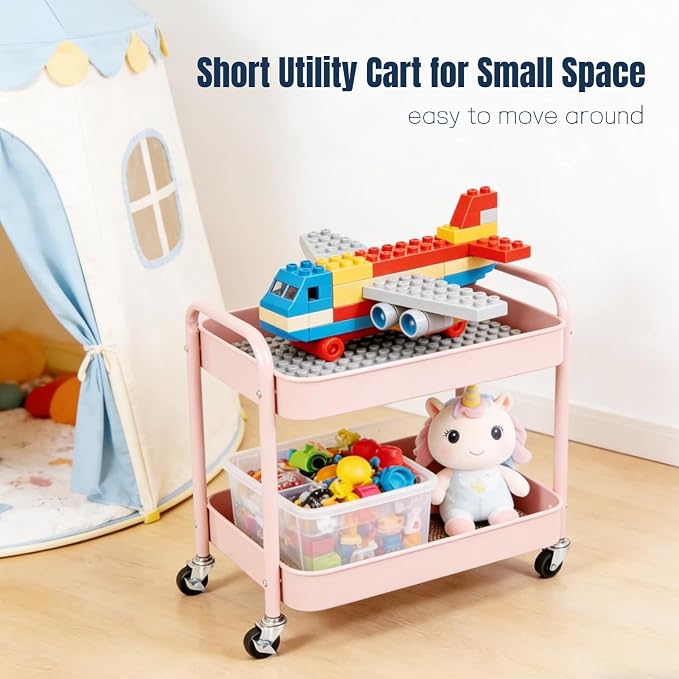 2 Tier Pink Rolling Cart with Wheels for Under Desk Storage, Large Capacity Rolling Pantry & Kitchen Storage Cart for Small Space, Sturdy Metal Bathroom Shelf Laundry Room Organization
