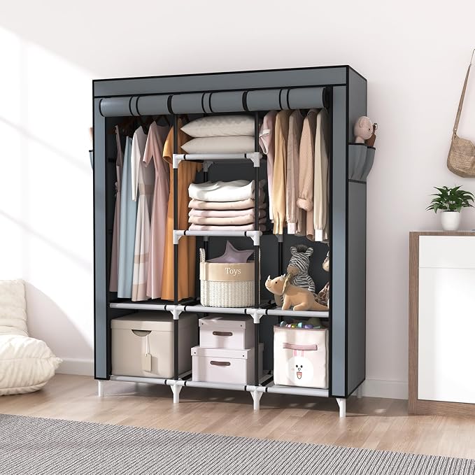 VTRIN Portable Closet Wardrobe for Hanging Clothes with 2 Hanging Rods and 8 Storage Organizer Shelves,Sturdy Large Wardrobe Closet for Bedroom Free Standing Clothes Rack with Cover,Grey