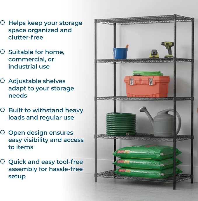 Honey-Can-Do 5-Tier Steel Shelving Unit, 800 lb/Shelf, Black, 42x18x72 in | Holds 4,000 lb total across 5 adjustable steel shelves; tool-free build in 25 min; leveling feet for uneven floors