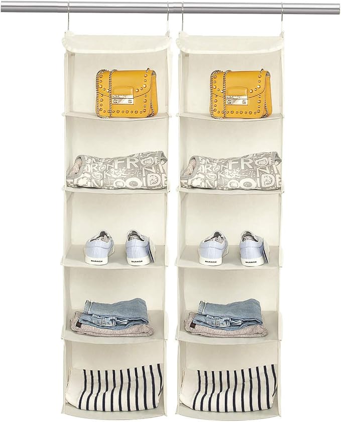BrilliantJo 5 Shelves Hanging Closet Organizer, 2 Pack Hanging Storage with 6 Side Pockets for Clothes Shoes, 43"x12"x12"(Beige)