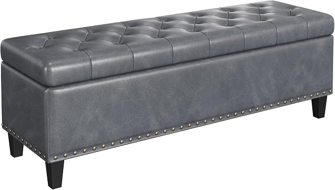 FiveWillowise 51 Inch Storage Ottoman Bench,Large End of Bed Storage Bench | Faux Leather Ottoman with Storage,30 Gallons,Upholstered,with Nailhead Trim,Legs,for Bedroom,Living Room,Entryway,Grey