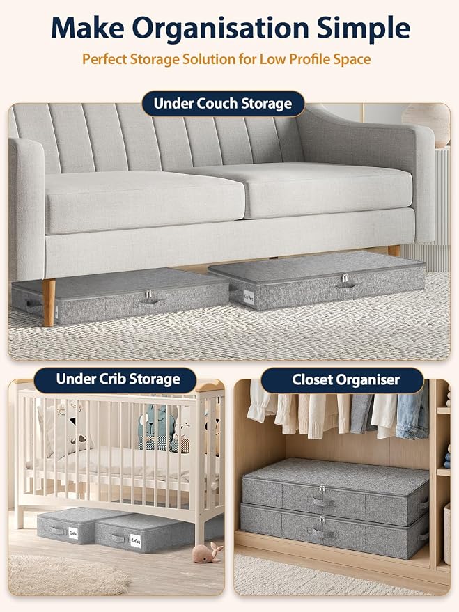 5-In Low Profile Under Bed Storage, Rigid Structure, 2 Pack, Gray | 5" Tall Design, Rigid Sides & Bottom, Reinforced Handles, Foldable Organizer, Limited Clearance, Couches, Cribs, Dorm Beds