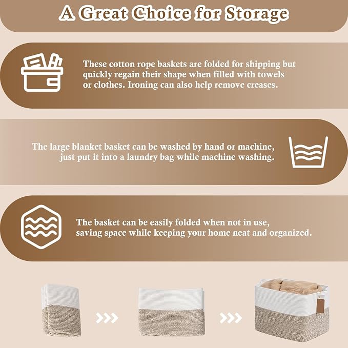 Goodpick Large Woven Storage Basket, Rectangle, Light Brown | 50L, 18 × 14 × 12 in, Cotton Rope, Reinforced Handles, Blankets, Toys Storage, Living Room & Nursery Organization