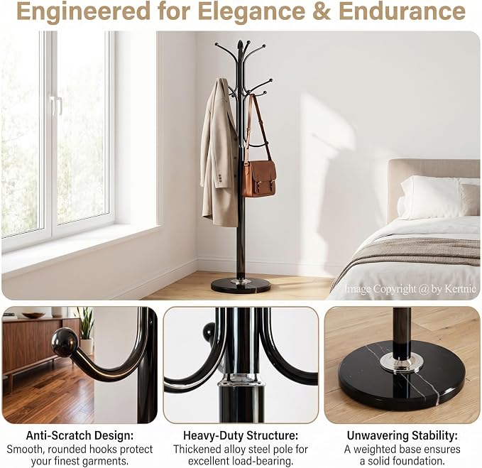 Kertnic Freestanding Coat Rack Stand, Heavy Duty Metal Hall Tree with 12 Hooks, 70 Inch Tall Stable Coat Hanger with 14.6" Natural Marble Base, Entryway Organizer for Coats Bags Hats Purses (Black)
