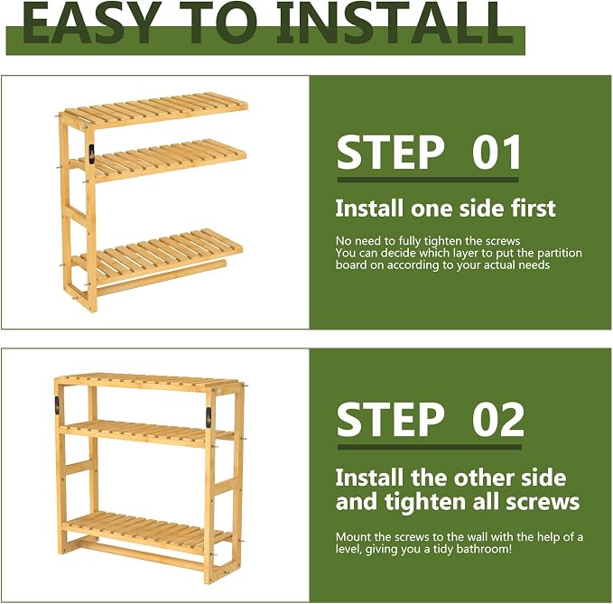 Galood Over The Toilet Storage Bathroom Shelves Wall Mounted 3 Tier Space Saver Corner Shelf Organizer Bamboo Towel Rack Toilet Paper Cabinet with Hanging Rod Yellow