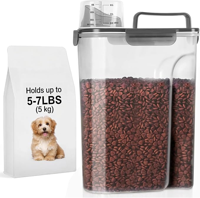 LEAWALK 5-7Lbs Dog Cat Food Storage Container with Upgraded Large Nozzle BPA-free, 4 Snap Seals Plastic Pet Food Storage Containers with Handles (Clear Black, 5L-1pack)