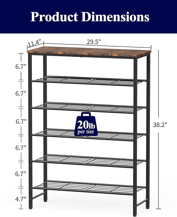 Kitsure Shoe Rack for Closet, Shoe Storage, 29.5" Wide - 6 Tier, Brown | Space-Saving Shoe Organizer with Leveling Feet, Sturdy & Rust-Proof Wooden Shoe Rack for Entryway, Bedroom, Living Room