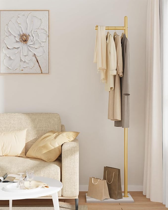 Yawinhe Metal Coat Racks with Square Base,L-Shaped Clothes Stand,Golden | Freestanding Hall Tree for Bedroom;Clothes Hanger Stand Suitable for Entryway; Stable Clothing Rack for Hallway
