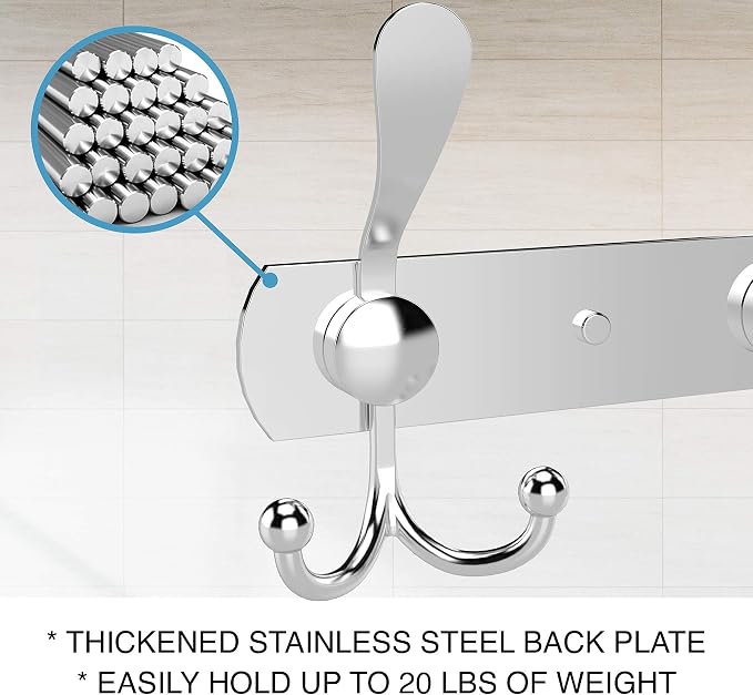 GlazieVault Coat Rack Wall Mount - Stainless Steel Coat Hooks (2 Pack) - Heavy Duty Wall Hooks for Clothes & Accessories (Silver Tri)