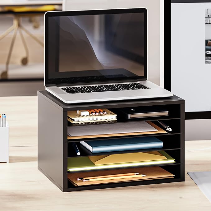 Ballucci 5 Tier Paper Organizer Letter Tray, Wood Desk File Organizer with Adjustable Shelves, Home Office School Letter/A4 Mail Sorter Magazine Holder - Black
