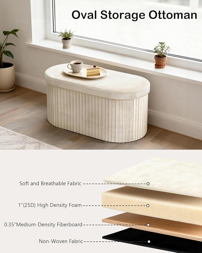 GLAXYFUR Folding Ottoman with Storage, Oval Velvet Storage Bench, Beige | Upholstered Foot Rest, 30 x 15 x 15 Inches Storage Chest for Bedroom, Living Room & Entryway