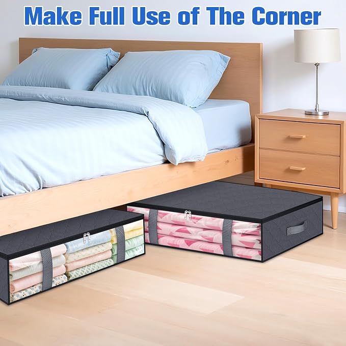 TasticTotes Under Bed Storage Containers, 6 Pack Blanket Storage Bags, Collapsible Storage Bags with Big Zippers, Clear Front, Shoe Storage and Organization for Clothes, Comforter, 60L, Grey