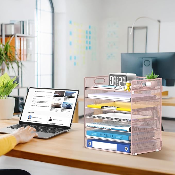 7 Tier Paper Organizer for Desk with Letter Trays & Handle | Black Desk File Organizer with Handle for Sorting Papers, Files, Folders, Mail, Bills and Office Supplies