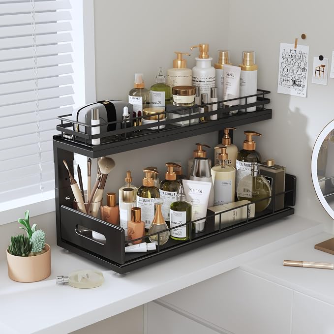 Under Sink Organizer Upgrade To Professional Rails,2-Tier Dual Pull Out Cabinet Storage,Height Adjustable Slide Out Drawers For Bathroom Kitchen,2 Pack-18.5"Dx12.8"-16.9"H,Black