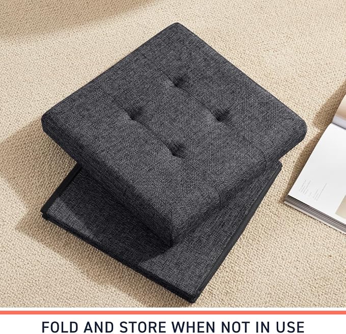 Ornavo Home 15 Inch Folding Storage Ottoman Cube, Tufted Linen, Black | Upholstered Cube with Lid; Foot Rest Stool; Ideal for Bedroom, Living Room or Entryway