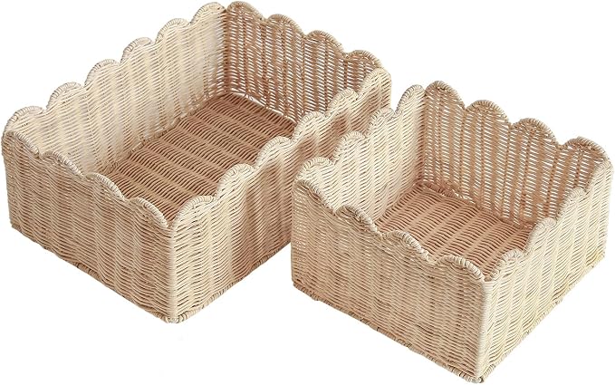 Scalloped Basket, Wicker Storage Baskets, Hand Woven Baskets for Shelves,Natural Baskets for Organizing (Rattan&M-14" L x 10.5" W x 6" H)
