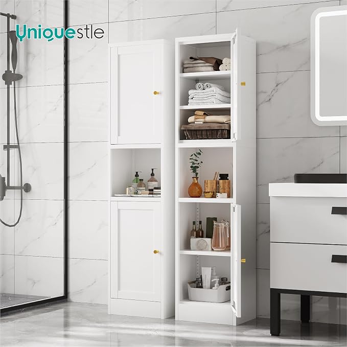 67" Tall Narrow Storage Cabinet with Doors and Open Shelf,Metal Pantry Cabinet,Shaker Style Slim Cabinet with Adjustable Shelves,for Bathroom Kitchen Laundry Small Spaces,White,1Pc