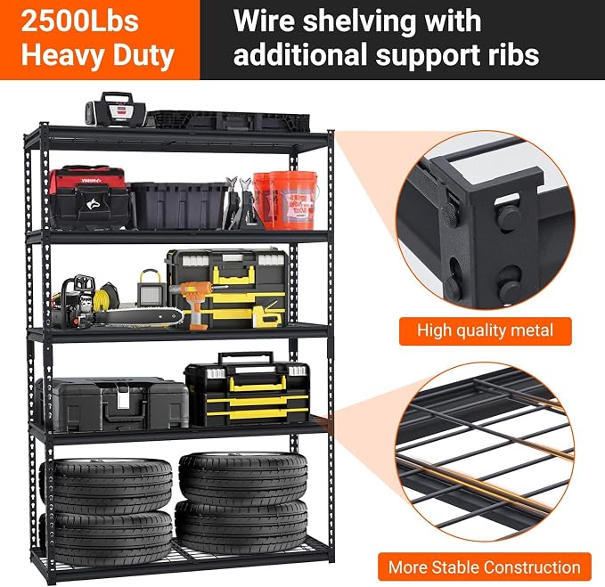 Garage Storage Shelves 5 Tiers, Heavy Duty Storage Shelving Racks with 2500 LBS Capacity, 48 in L x 18 in W x 72 in H Metal Adjustable Utility Shelving Unit for Garage Organization, Basement, Workshop