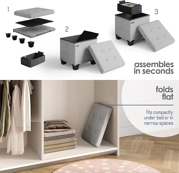 Storage Ottoman Cube with Small Bin, 15-in Square Ottoman with Storage for Living Room and Bedroom, Small Ottomans Foot Rest, Fabric Foot Stools Ottomans Max 330lbs, Light Grey