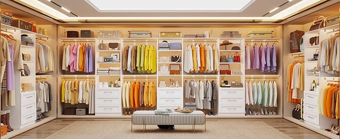 Closet System with 9 Drawers, 11-17FT Closet Organizer System with Cuttable Shelves for Walk in Closet with 9 Expandable Hanging Rods, Heavy Duty Built-in Closet for Bedroom, White(3 Sets)