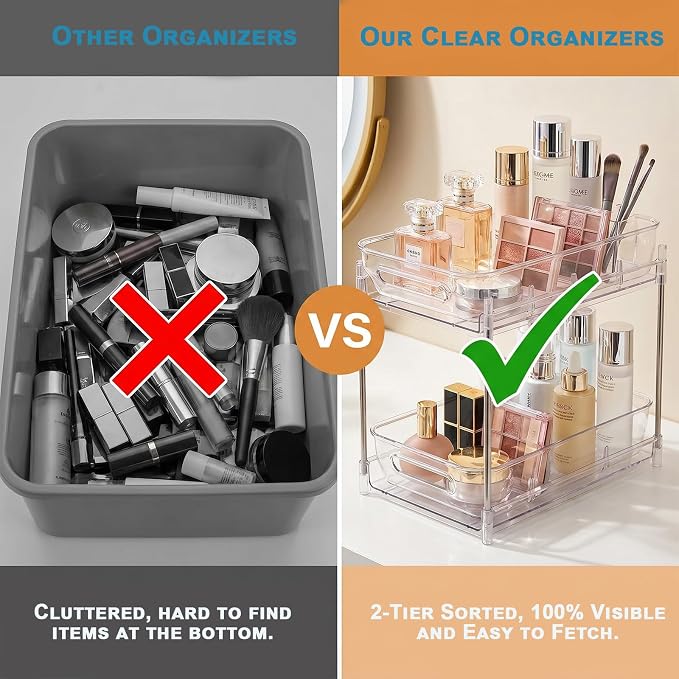 2-Tier bathroom cabinet organizer, bathroom organizers and storage with Adjustable Removable Dividers,Under Sink Organizing,Under Sink and Pull-Out Cabinet Organizer for Kitchen and Pantry Storage