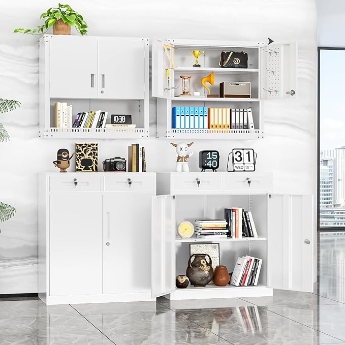 INTERGREAT Metal Storage Cabinet with Drawers, 36”H Lockable Office Storage Cabinets with 2 Doors and Adjustable Shelves, White Steel File Cabinet for Home Office, Garage, School, Apartment(White)