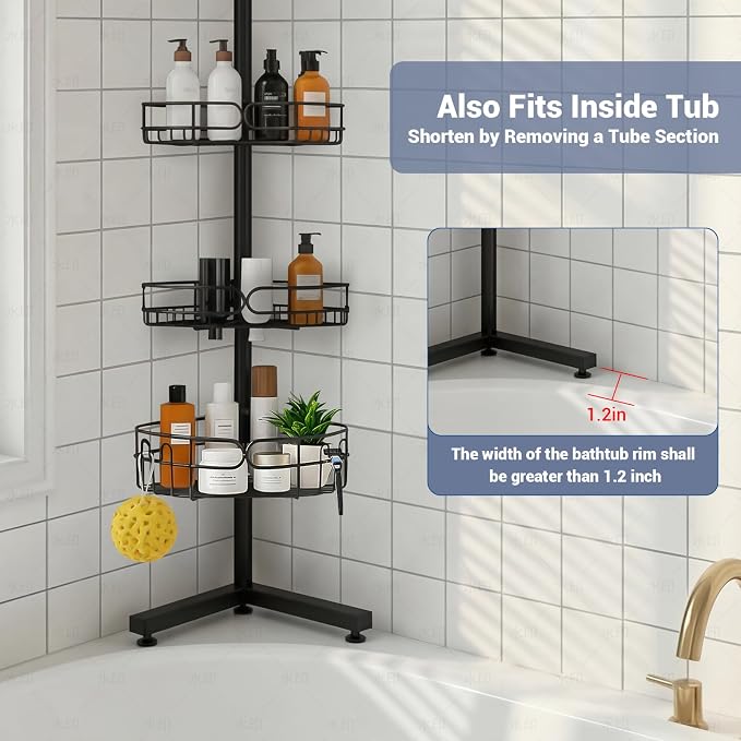 Standing Shower Caddy Corner, 4-Tier Adjustable Height Bathroom Organizer, 6-Section Pole, Sturdy Floor Standing Shelf for Shower – No Drilling, No Spring Tension