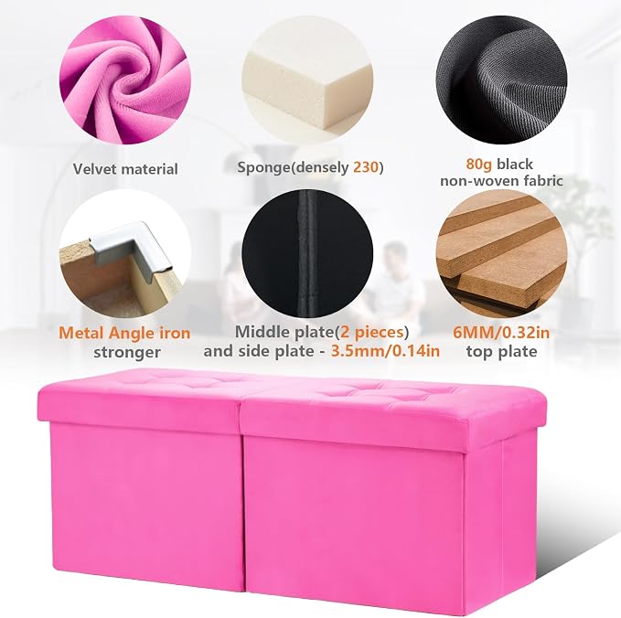 AmasSmile Footrest Ottoman Storage Bench,34" Velvet Folding Stool,Rose Red | Large Ottoman with Storage, Thicker Foam Padded Seat, Livingroom, Dorm, Bedroom, Entryway, Easy to install, 34 x 13 x 13in