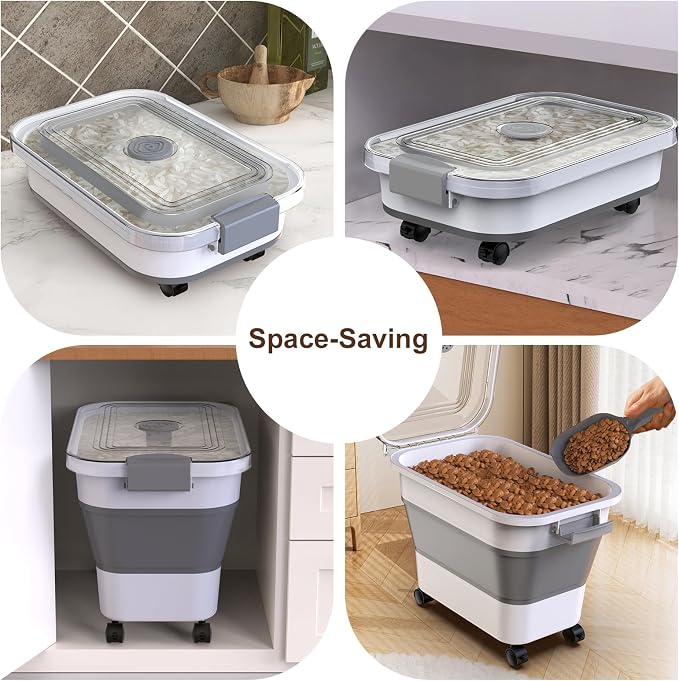 Rice Storage Container, Collapsible Airtight Food Storage Containers 20-30lbs with Clear Lid and Wheels, Rice Dispenser with Scoop for Flour Cereal Pasta Grain, Cat Pet Bird Dog Food Storage Container