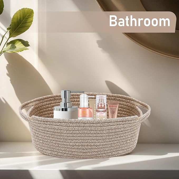 JMvicyroam Small Woven Basket, Empty Gift Basket, Oatmeal/1 Pack | Small Gift Basket, Cotton Rope, 12 x 8 x 12 in, Handles, Includes Ribbon and Bag, Birthday Gift Basket